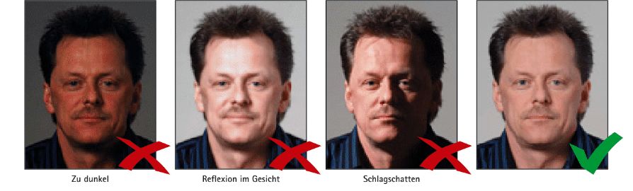 Illustration der Wichtigkeit von gleichmäßiger Ausleuchtung bei Passfotos ohne Schatten im Gesicht oder Hintergrund, mit Beispielen für richtige und falsche Beleuchtung.