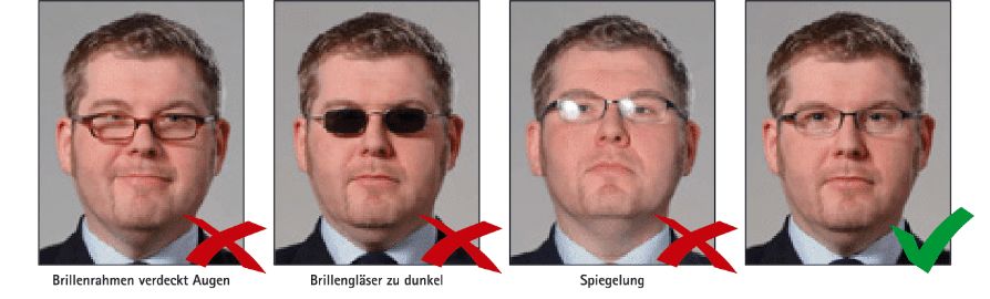 Anforderungen für Brillenträger auf Passfotos, einschließlich der Notwendigkeit, dass die Augen durch die Brille klar erkennbar sein müssen.