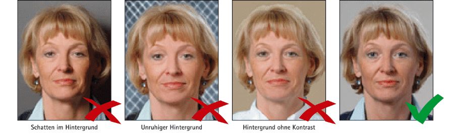 Beispiele für passende und unpassende Hintergründe bei Passfotos, die die Notwendigkeit eines einfarbigen und neutralen Hintergrundes betonen.