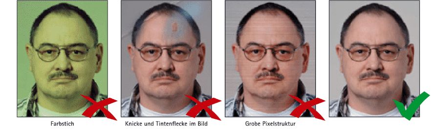 Beispiele für die erforderliche Fotoqualität bei Passbildern, mit Hinweisen auf Farbtreue und Vermeidung von Verzerrungen oder Fotofiltern.