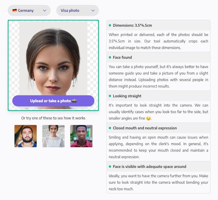 Processing and validation example: visa photo of a woman