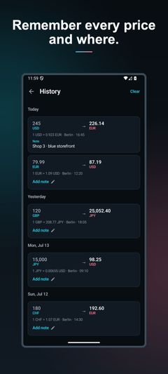 XChange conversion history with saved currencies, places, and notes
